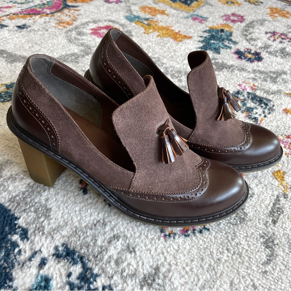 Dr. Martens Brown Suede and Leather Tassel Block Heel Loafers